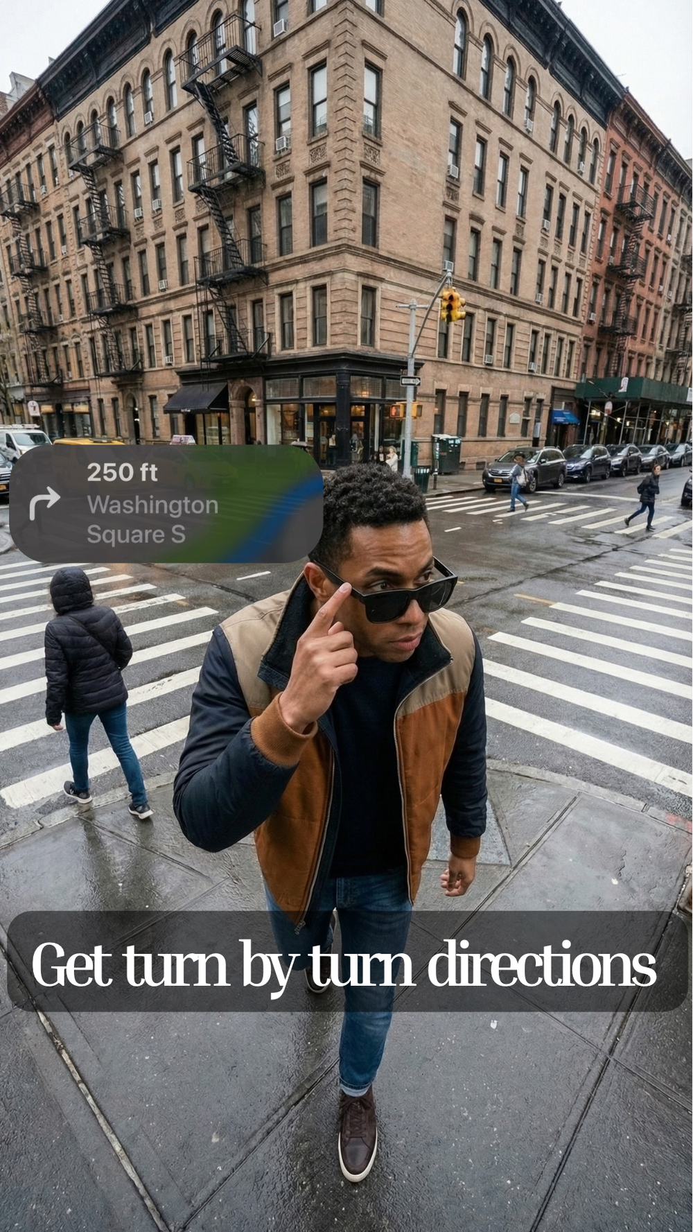 Man crossing street with navigation app text overlay